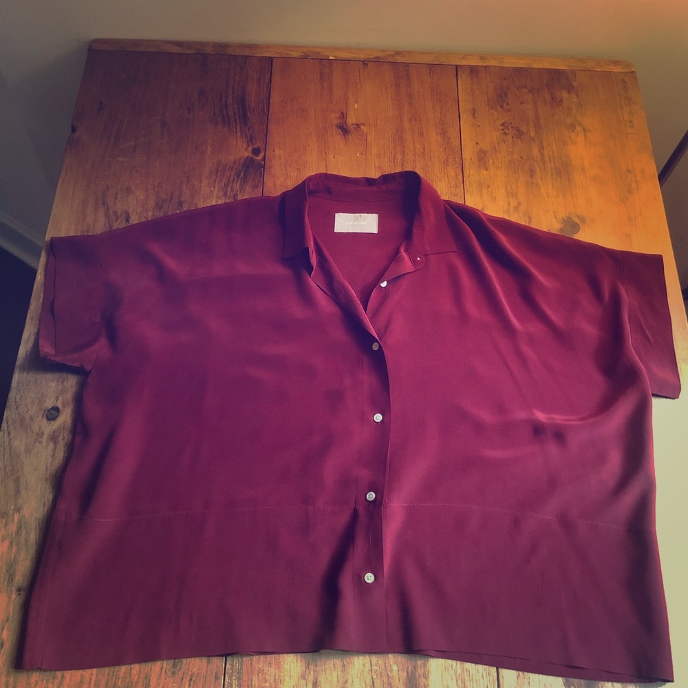 Everlane Burgundy Silk Short Sleeve Square Shirt
